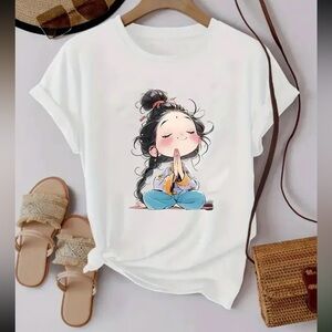 Charming White Graphic Tee with Meditative Cartoon Design Cotton New